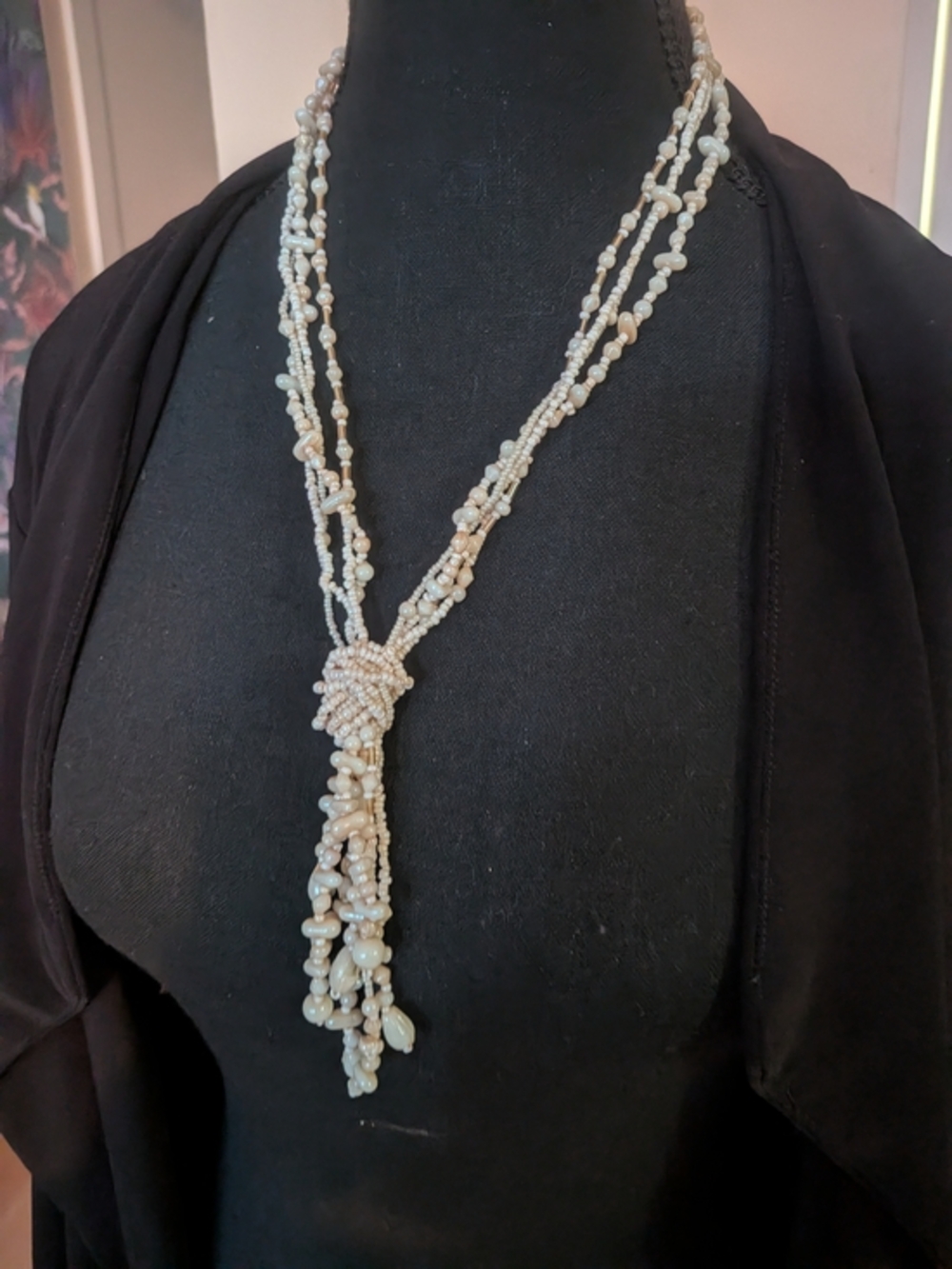 Vintage Multi-Strand Seed Pearl Lariat Knot Fringe Statement Necklace